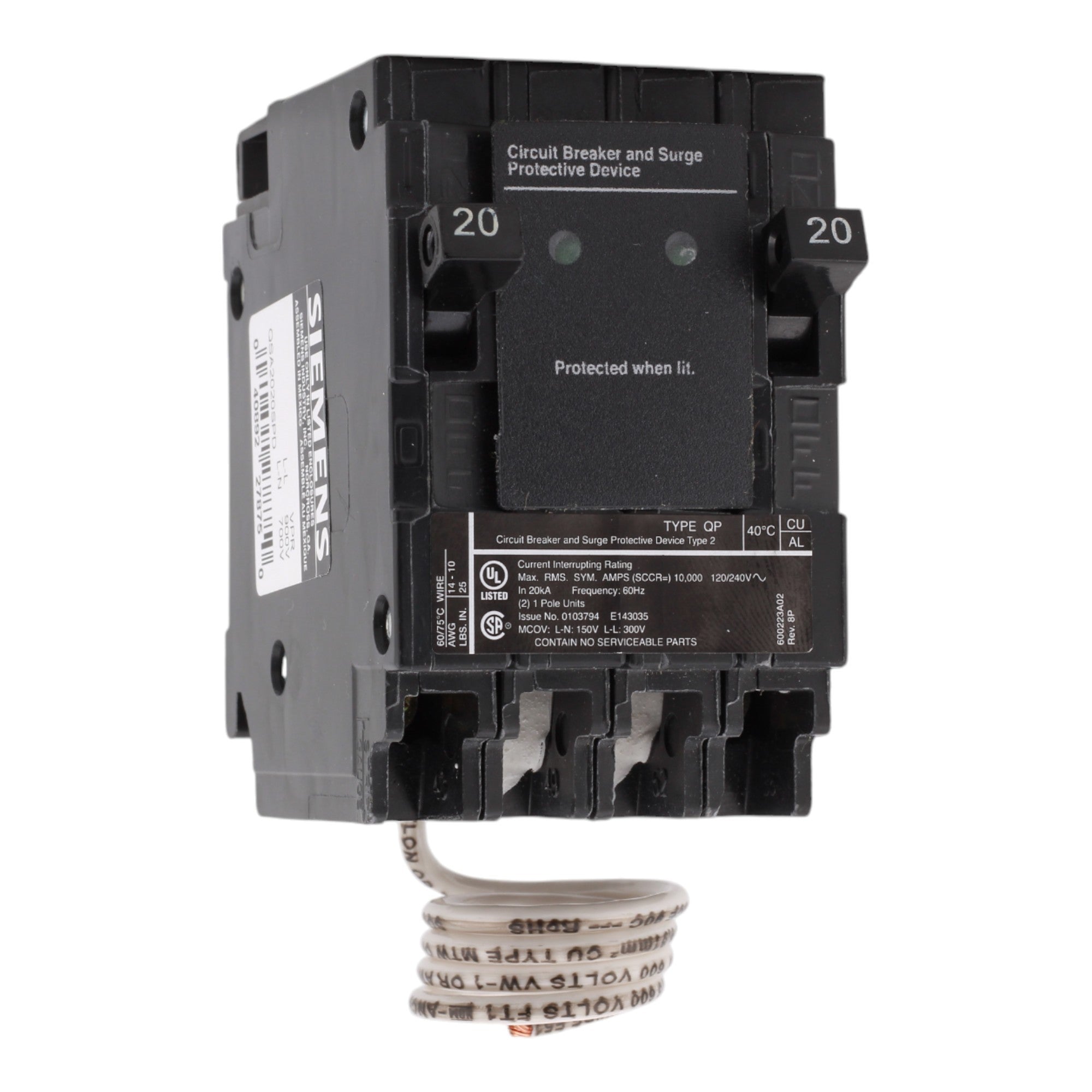SIEMENS QSA2020SPD 20A DUPLEX WHOLE-HOUSE SURGE BREAKER